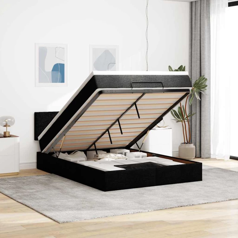 Οθωμανικό κρεβάτι με στρώμα & LEDs Μαύρο 140x190 cm Ύφασμα Μαύρο 3312224