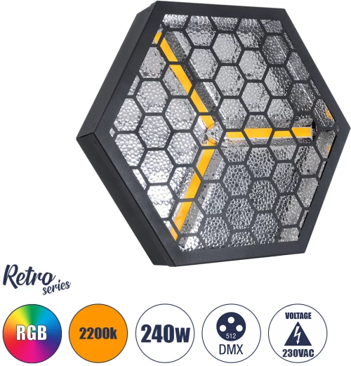 GloboStar® 51201 HALO HEXA Επαγγελματικό Φωτιστικό Ειδικών Εφέ DIGITAL MATRIX PIXEL & Blinder - 3 x 80W LED COB Chips Ultra Gold Warm White 2200K & 30 x 0.5W LED SMD5050 Chips RGB - AC 220V-240V DMX512 Display on Body - Μαύρο - Μ38 x Π38 x Υ22cm - 2 Χρόνι