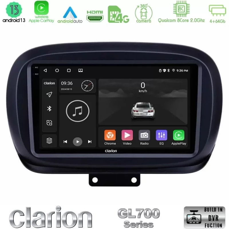 Clarion GL700 Series 8Core Android13 4+64GB Fiat 500X Navigation Multimedia Tablet 9" Με Carplay & Android Auto U-GL7-FT0534