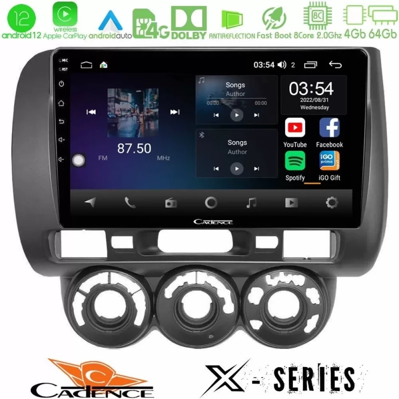 Cadence X Series Honda Jazz 2002-2008 (Manual A/C) 8core Android12 4+64GB Navigation Multimedia Tablet 9" U-X-HD0589
