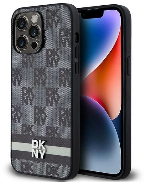 DKNY Leather Checkered Mono Pattern & Printed Stripes Case for iPhone 14 Pro Max - Black