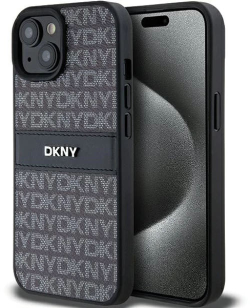 DKNY Leather Mono Stripe & Metal Logo Case for iPhone 15/14/13 - Black