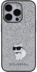 Karl Lagerfeld Fixed Glitter Choupette Logo Metal Pin Case for iPhone 15 Pro Max - Silver