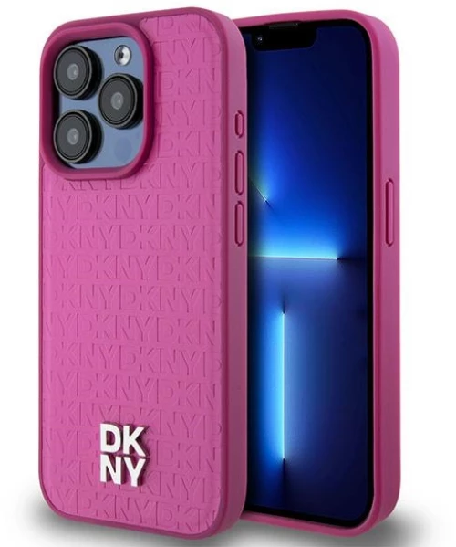DKNY Leather Monogram Pattern Metal Logo MagSafe Case for iPhone 15 Pro - Pink