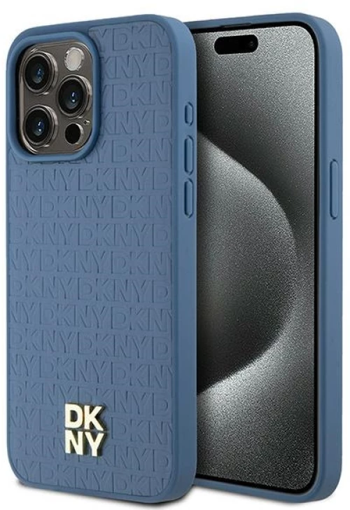 DKNY Leather Monogram Pattern Metal Logo MagSafe Case for iPhone 15 Pro Max - Blue