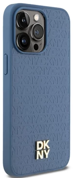 DKNY Leather Monogram Pattern Metal Logo MagSafe Case for iPhone 15 Pro Max - Blue