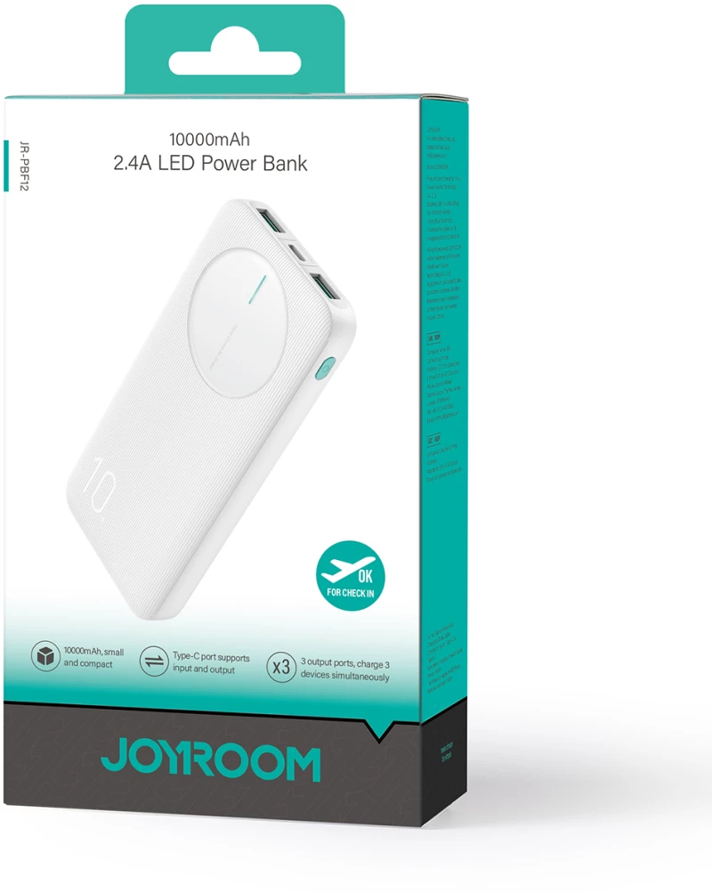 Powerbank Joyroom JR-PBF12 10000mAh 2.4A 2x USB-A 1x USB-C - white