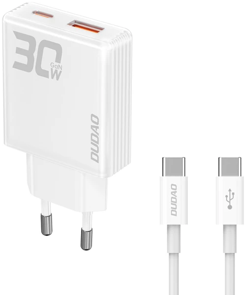 GaN Dudao A30EUT 30W USB-A / USB-C Wall Charger + USB-C - USB-C Cable - White