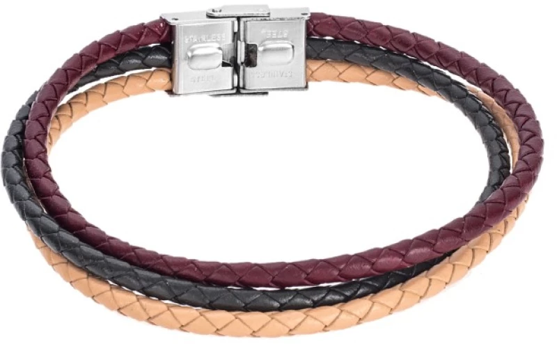 Βραχιόλι Senza Men's Steel Beige, Bordeaux & Green Leather Strap