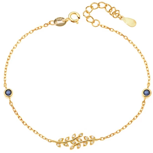 Βραχιόλι Senza από επιχρυσωμένο ασήμι 925, κλαδάκια με λευκά ζιργκόν και μπλε πέτρες