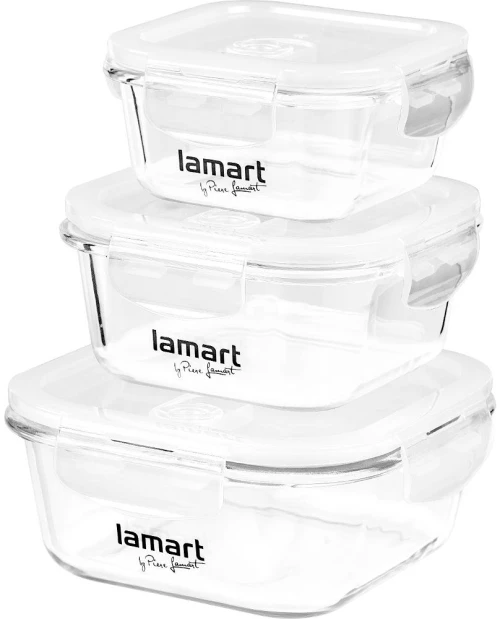 Σετ 3 Τετράγωνα Γυάλινα Δοχεία Φαγητού Lamart LT6012 (320ml, 520ml, 800ml) Κατάλληλα για Ψυγείο, Κατάψυξη, Φούρνο Μικροκυμάτων