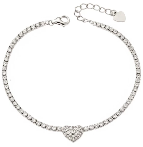 Βραχιόλι Senza από ασήμι 925, Ριβιέρα με καρδιά και λευκά ζιργκόν