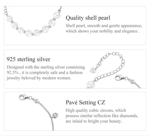 BAMOER βραχιόλι BSB189 με πέρλες & κυβική ζιρκόνια, ασήμι 925, ασημί