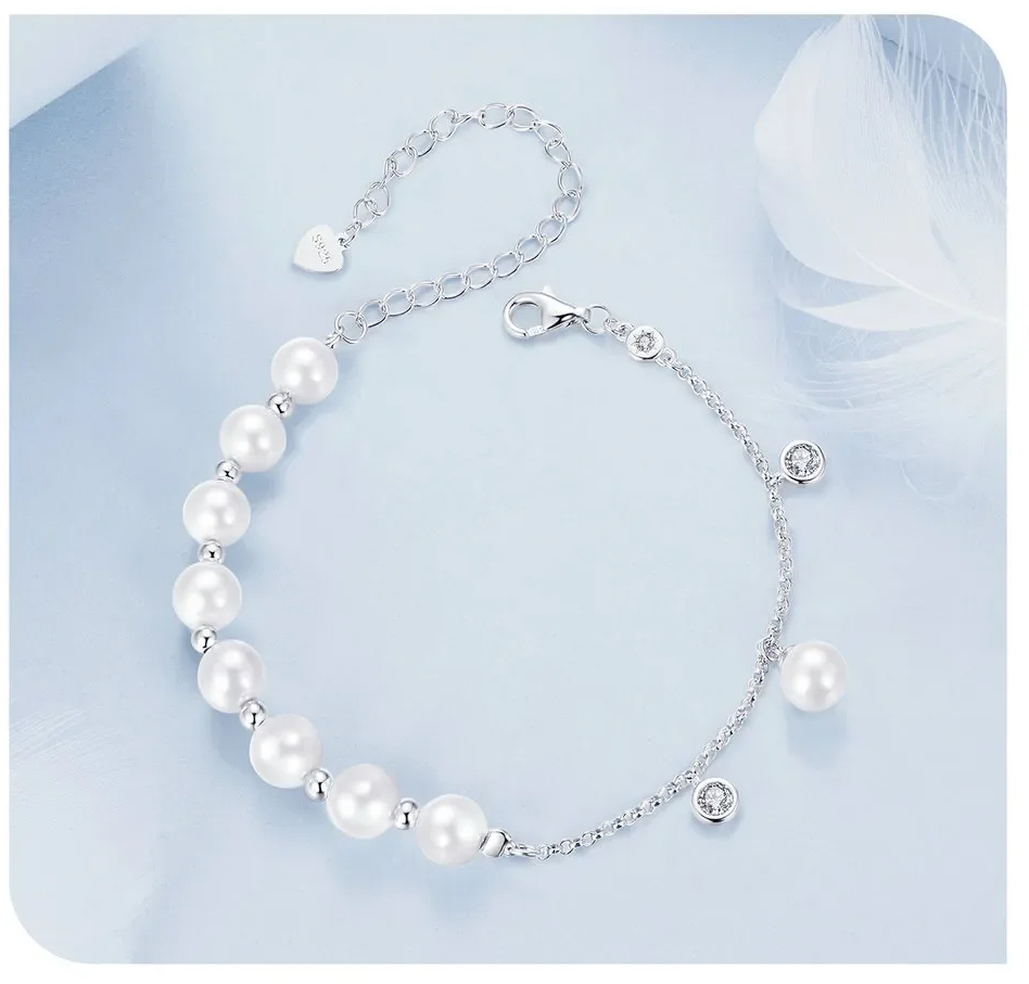 BAMOER βραχιόλι BSB189 με πέρλες & κυβική ζιρκόνια, ασήμι 925, ασημί