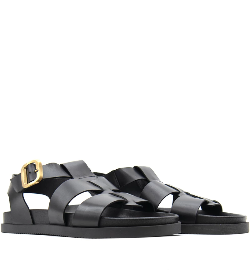 BACALI COLLECTION LEATHER FLAT SANDALS WOMEN BACALI COLLECTION ΜΑΥΡΟ (BCL-K24-24-BLACK-L)