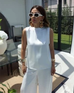 TEGAN Γυναικείο σατέν παντελόνι άσπρο 100% πολυεστερ