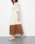 Midi γυναικείο φόρεμα μπεζ-καφε colour block 45% βαμβάκι