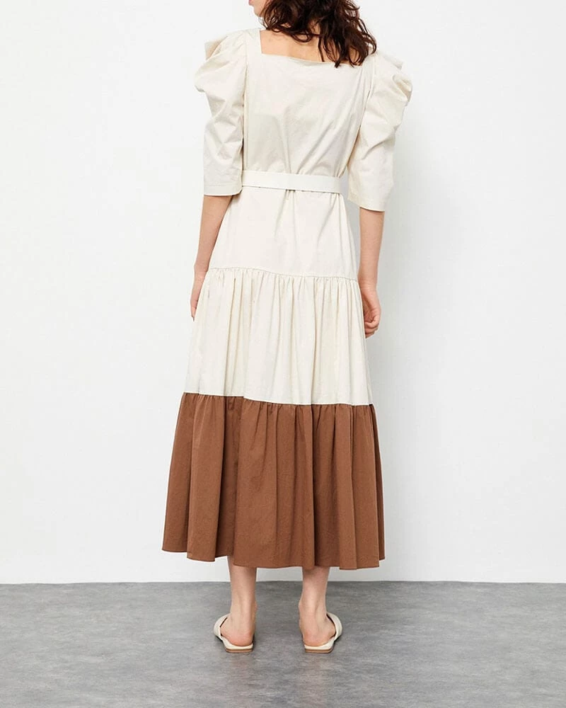 Midi γυναικείο φόρεμα μπεζ-καφε colour block 45% βαμβάκι