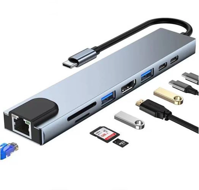 Naxius USB Hub_Card Reader & Lan 8 in 1 NXUSCLPD-100 Type-C 100W Naxius