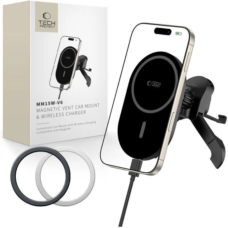 TECH-PROTECT MM15W-V6 MAGNETIC MAGSAFE STABLE VENT CAR MOUNT WIRELESS CHARGER 15W BLACK/BLACK