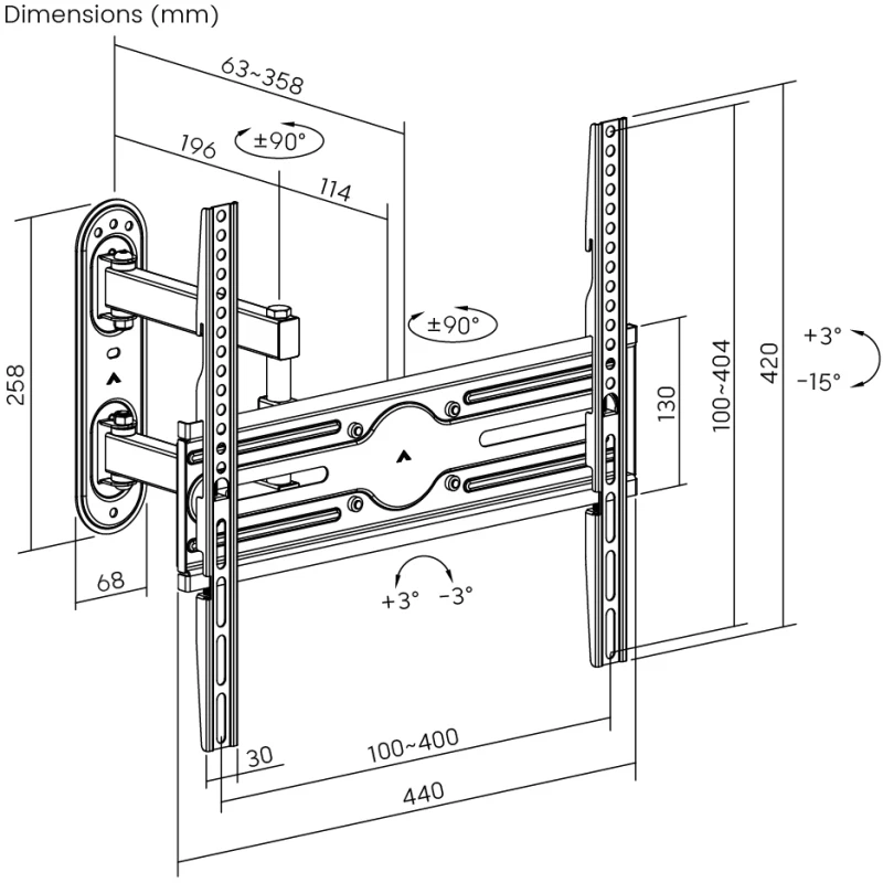 POWERTECH επιτοίχια βάση PT-1388 για τηλεόραση 32-65", full motion, 35kg