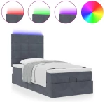 vidaXL Οθωμανικό κρεβάτι με στρώματα & LEDs Σκούρο γκρι Βελούδο