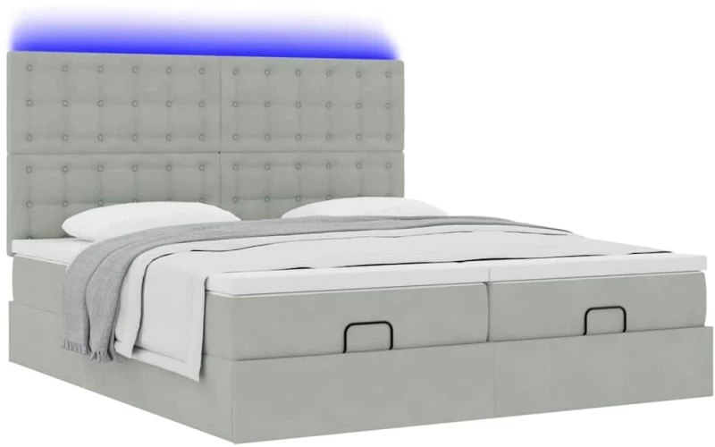 vidaXL Οθωμανικό κρεβάτι με στρώματα & LEDs Ανοιχτό γκρι Βελούδο