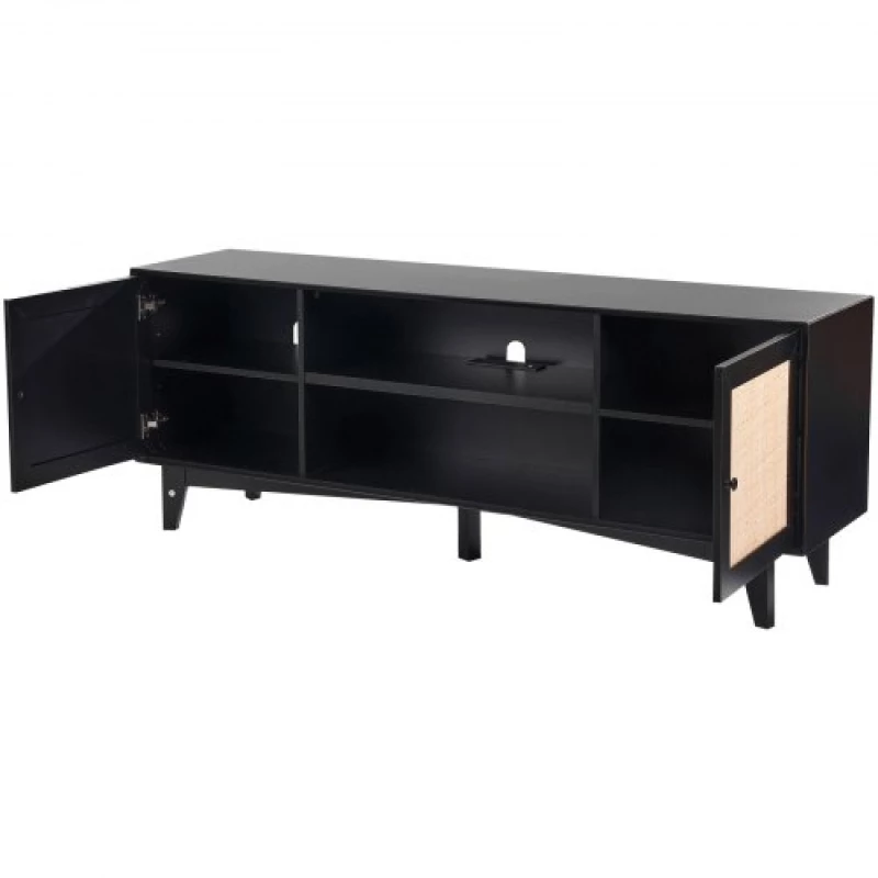 VEVOR Rattan TV Stand for 75" TV Boho TV Stand with Build-in Socket Black