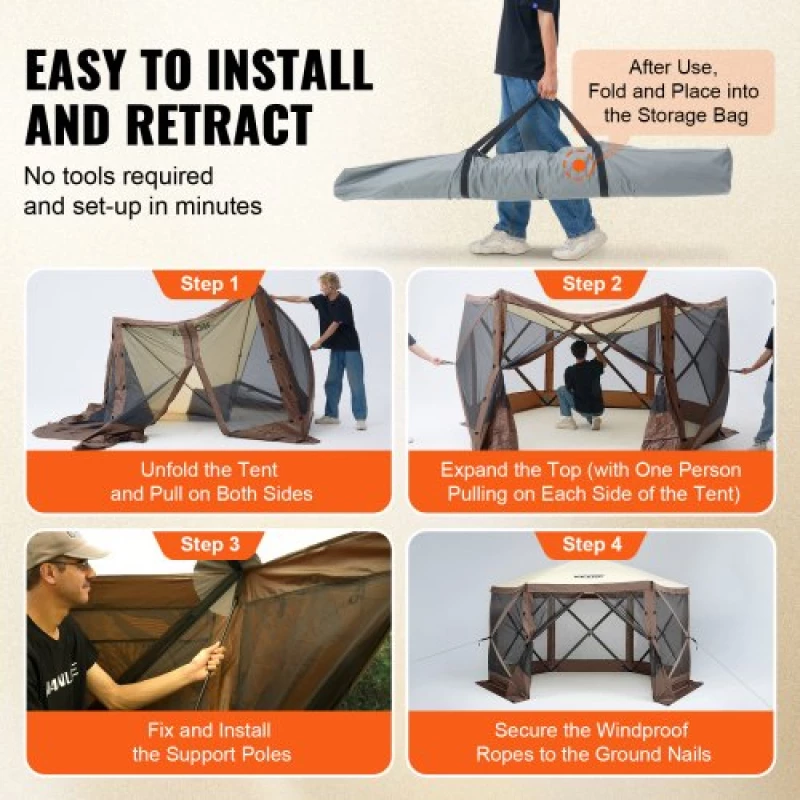 VEVOR Pop Up Gazebo Tent Pop-Up Screen Tent 6 Sided Canopy Sun Shelter Brown