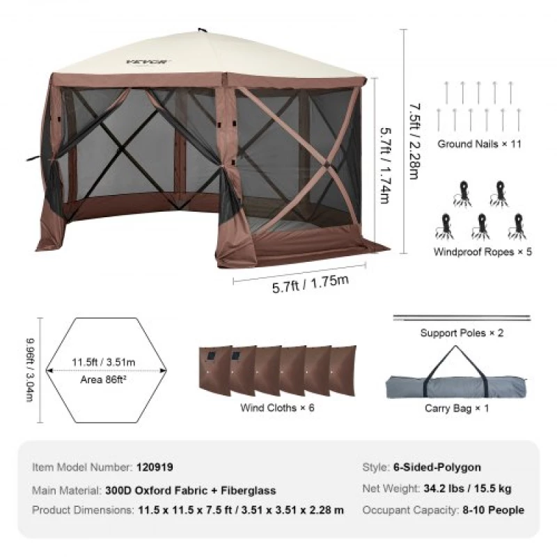 VEVOR Pop Up Gazebo Tent Pop-Up Screen Tent 6 Sided Canopy Sun Shelter Brown