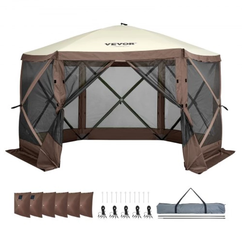 VEVOR Pop Up Gazebo Tent Pop-Up Screen Tent 6 Sided Canopy Sun Shelter Brown