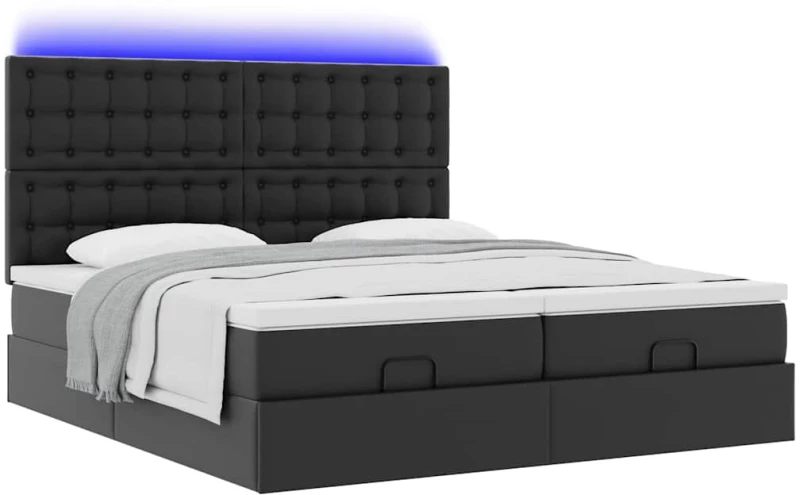 vidaXL Οθωμανικό κρεβάτι με στρώματα & LEDs Μαύρο Faux Leather
