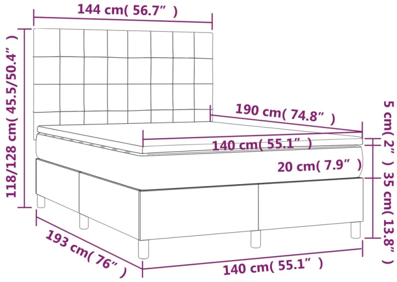 vidaXL Κρεβάτι Boxspring με Στρώμα & LED Taupe 140x190 εκ. Υφασμάτινο