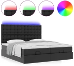 vidaXL Οθωμανικό κρεβάτι με στρώματα & LEDs Μαύρο Faux Leather