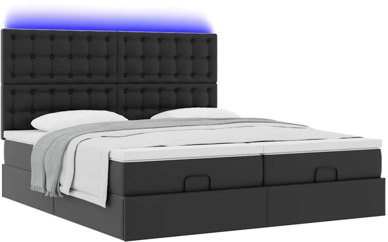 vidaXL Οθωμανικό κρεβάτι με στρώματα & LEDs Μαύρο Faux Leather