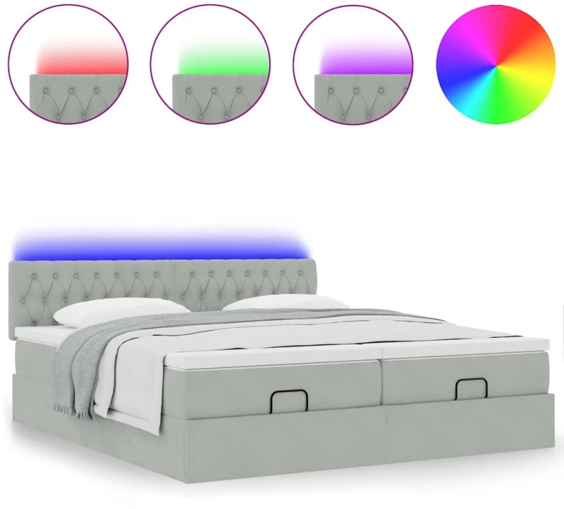vidaXL Οθωμανικό κρεβάτι με στρώματα & LEDs Ανοιχτό γκρι Βελούδο