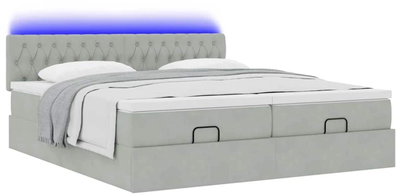 vidaXL Οθωμανικό κρεβάτι με στρώματα & LEDs Ανοιχτό γκρι Βελούδο