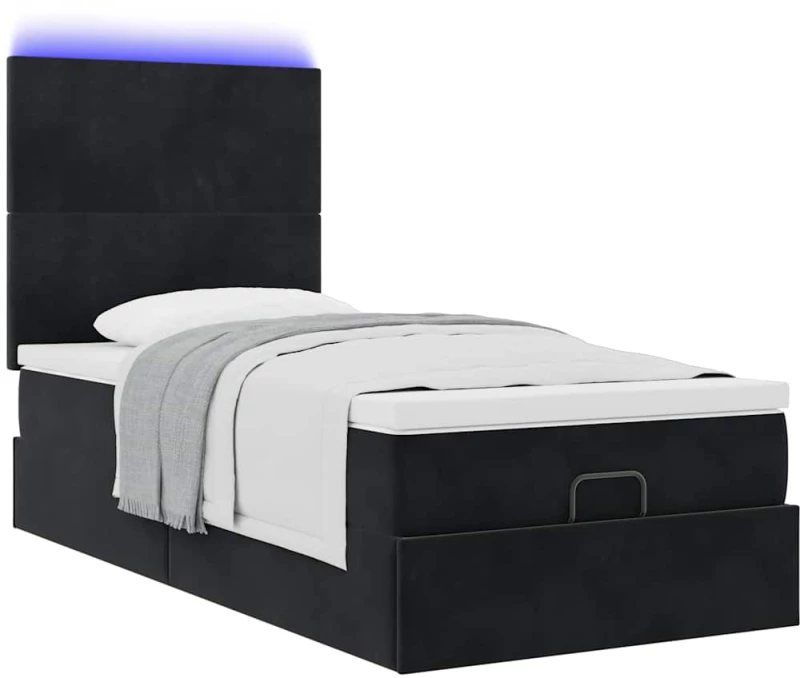 vidaXL Οθωμανικό κρεβάτι με στρώματα & LEDs Μαύρο 90x200cm Velvet