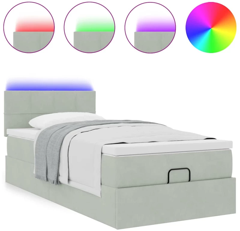 vidaXL Οθωμανικό κρεβάτι με στρώμα&LEDs Ανοιχτό γκρι 90x200cm Βελούδο