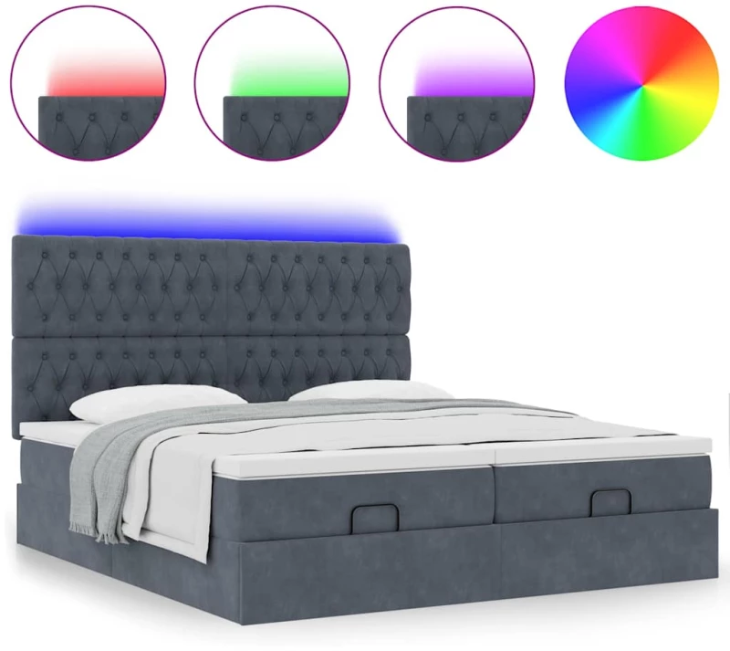 vidaXL Οθωμανικό κρεβάτι με στρώματα & LEDs Σκούρο γκρι Βελούδο