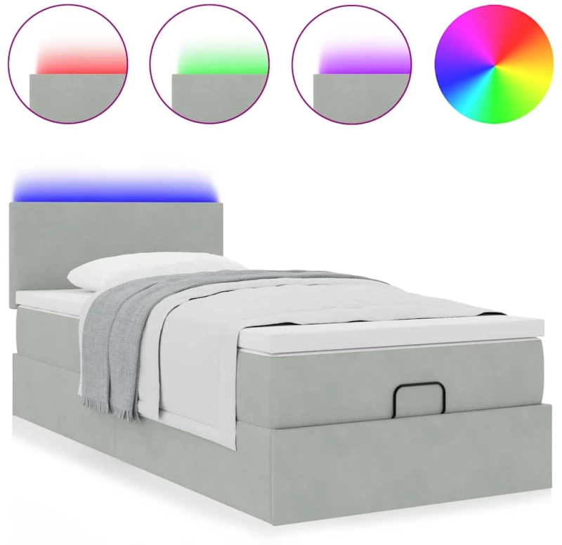 vidaXL Οθωμανικό κρεβάτι με στρώμα&LEDs Ανοιχτό γκρι 90x200cm Βελούδο
