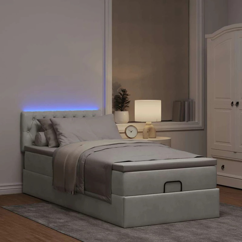vidaXL Οθωμανικό κρεβάτι με στρώμα&LEDs Ανοιχτό γκρι 100x200cm Βελούδο
