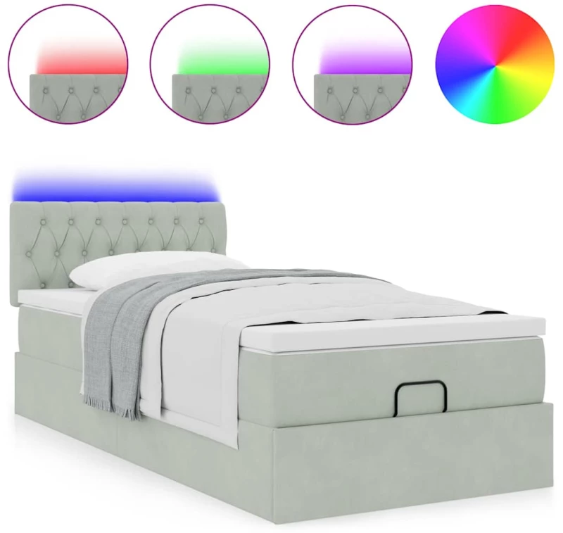 vidaXL Οθωμανικό κρεβάτι με στρώμα&LEDs Ανοιχτό γκρι 100x200cm Βελούδο