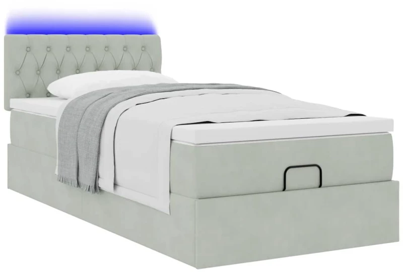 vidaXL Οθωμανικό κρεβάτι με στρώμα&LEDs Ανοιχτό γκρι 100x200cm Βελούδο