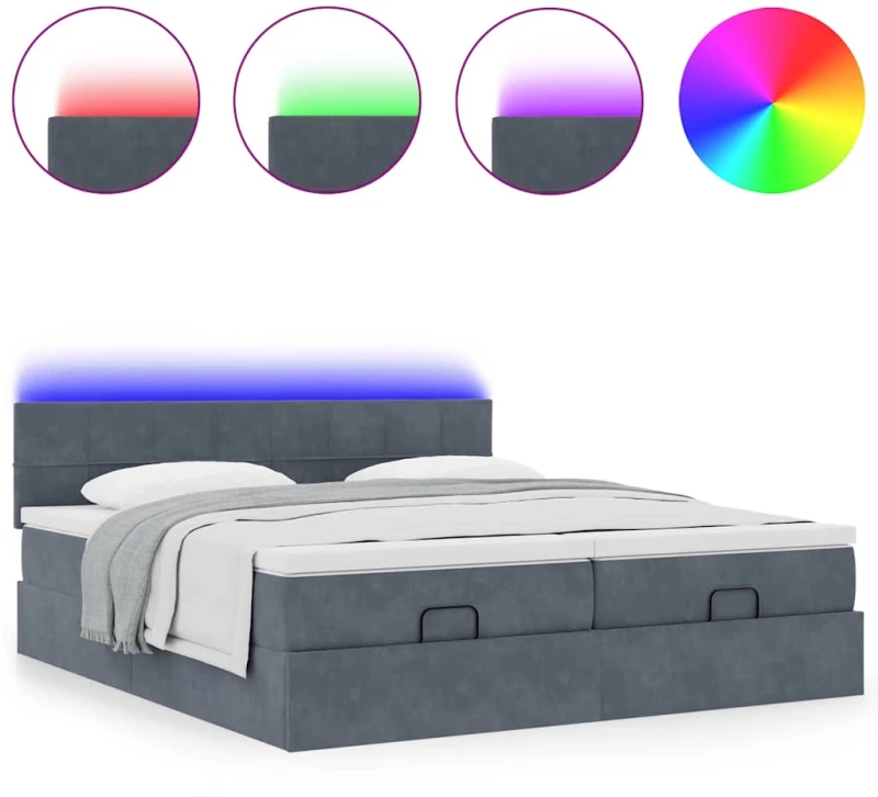 vidaXL Οθωμανικό κρεβάτι με στρώματα & LEDs Σκούρο γκρι Βελούδο