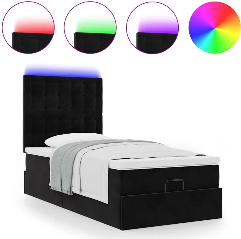 vidaXL Οθωμανικό κρεβάτι με στρώματα & LEDs Μαύρο 90x200cm Velvet