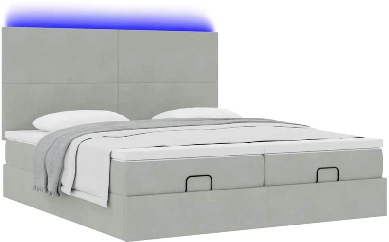vidaXL Οθωμανικό κρεβάτι με στρώματα & LEDs Ανοιχτό γκρι Βελούδο