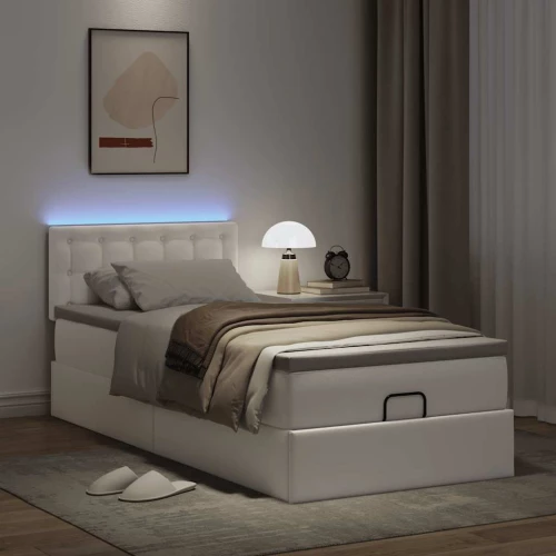 vidaXL Οθωμανικό κρεβάτι με στρώματα & LEDs Καθαρό λευκό Faux Leather