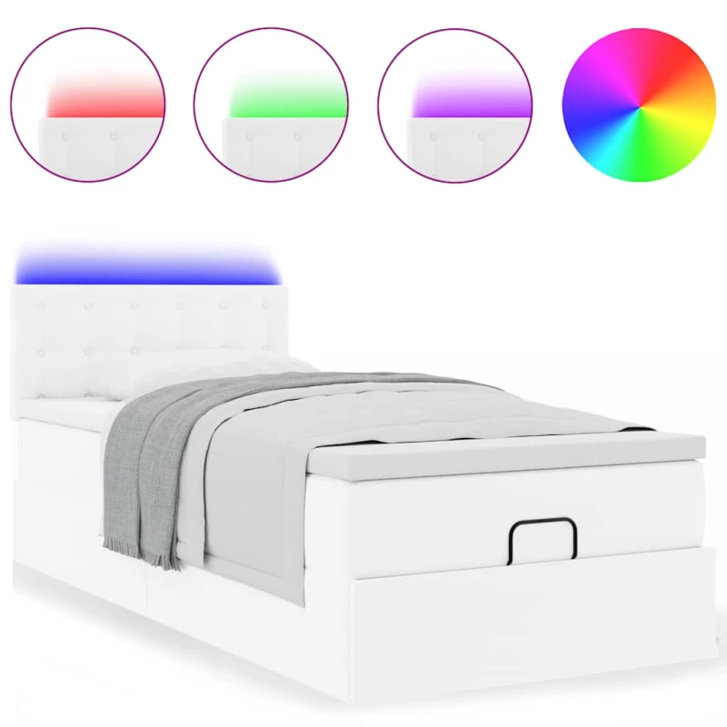 vidaXL Οθωμανικό κρεβάτι με στρώματα & LEDs Καθαρό λευκό Faux Leather