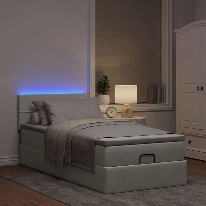 vidaXL Οθωμανικό κρεβάτι με στρώμα&LEDs Ανοιχτό γκρι 100x200cm Βελούδο